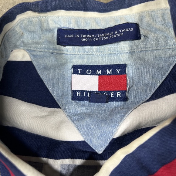 Vintage Tommy Hilfiger XL Made In Taiwan Red White Blue Stripe Shirt Crest Logo - Picture 4 of 4